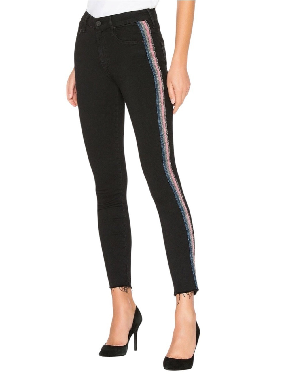 Mother High Waisted Looker Ankle Fray guilty Glitter Racer Black Jeans Size 28